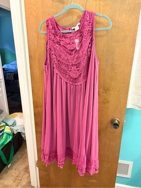 Sleeveless Crochet Yoke Swing Dress in Fuchsia